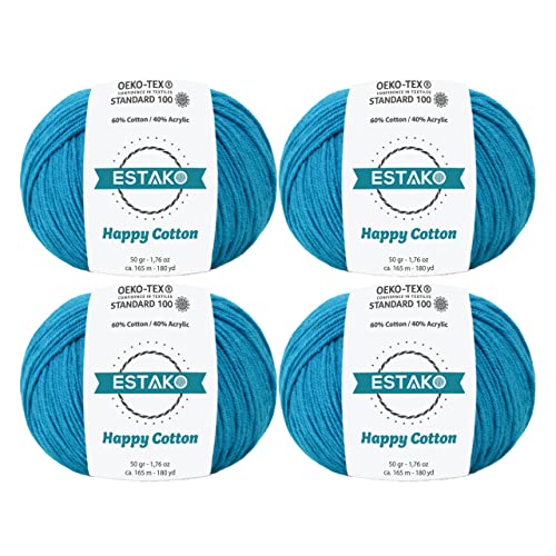 Estako Happy Cotton 60% Cotton Blend Yarn, Sport 2, Dark Turquoise, 4-Pack | soft, fine, 200 g, 720 yds, baby clothes, amigurumi, 2-3 mm hook, summer tops, hats, blankets - color: 4240 - Dark Turquoise, size: 4 Skeins