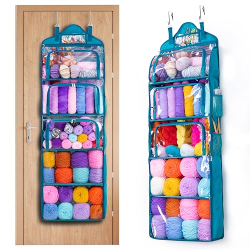 MYBAGZING Hanging Yarn Storage Organizer –Over-the-Door Crochet Organizer with Both Front and Side Zipper Closure -Large Capacity Clear Yarn Holder for Crochet Hooks, Knitting Needles & Accessories - color: Teal