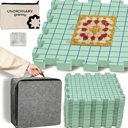 Unordinary Granny® Crochet Blocking Set-9Pc Extra Thick 12x12 Interlocking EVA Foam Mats with Grid, 150 T-Pins, Felt Storage Bag and Cotton Pouch, Sage Green - color: Sage Green