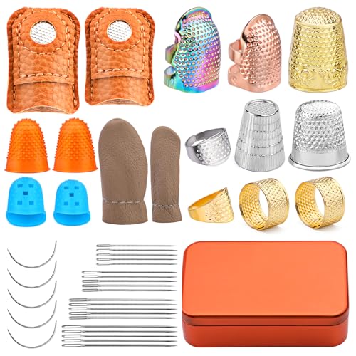 Mnuizu Sewing Thimble Set Thimble Ring, Adjustable Metal Finger Protectors | 25Pcs Sewing Needles, Finger Grips Embroidery Finger Protector Reusable for Sorting Mail, Quilting, Knitting and Crafts