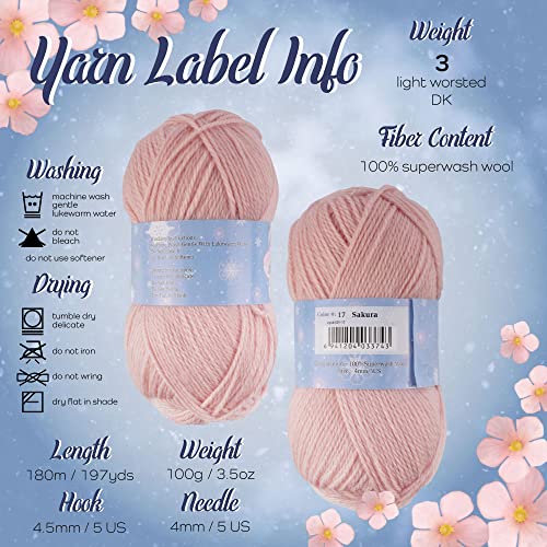 JubileeYarn Snow Blossom Yarn - DK Superwash Wool - Sakura - 2 Skeins - color: 17 Sakura, size: 2 Skeins