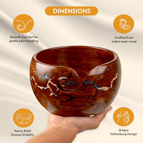 Wooden Yarn Bowl Knitting & Crochet Yarn Holder | Handcrafted Crochet Bowl with Fractal Wood Burning & Blue Resin Inlay (Blue Large 7x7x4) (Multi) - color: Multi