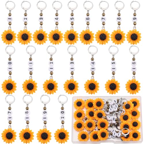 SUNNYCLUE 1 Box 20Pcs Cute Crochet Markers 1~20 Number Stitch Marker Resin Sunflower Planner Charms Knit Markers Locking Removable Leverback for Knitting Crocheting Sewing Quilting Jewelry Making