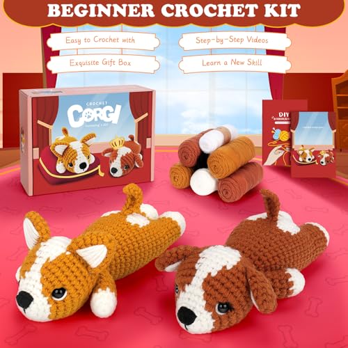 Fortuning's JDS Crochet Kit for Beginners, 2 PCS Corgi Crochet Kits | w/ Step-by-Step Video Tutorials, Beginner Crochet Kit for Adults, Crochet Animal Kit, Dog Knitting Kit Gifts Valentine's Day - color: Brown Yellow Corgi Set