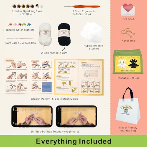 LuNuaFvy Crochet Kit for Beginners, Adults & Kids, Complete Animal Starter Kit to Make 2 Amigurumi Dragons,DIY Gift with Easy-to-Follow Book & Video Tutorial, Soft Yarn, 2 Bags - color: Sitting Dragon-Black&white