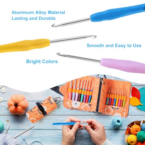 Vodiye 21 Sizes Ergonomic Crochet Hooks Set 0.5–10.0mm with Roll Bag, Soft Grip Crochet Needles for Crocheting Comfort - size: 21 Size (0.5–10.0mm) Roll Bag