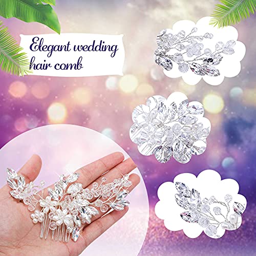 5 Pieces Silver Bridal Hair Comb Crystal Pearl Accents Flower Pins | Rhinestone Accessories for Wedding Updo, Floral Design Ideal Bride Bridesmaids, U-pin Secure Bun Hairstyles Special Occasions - color: Silver