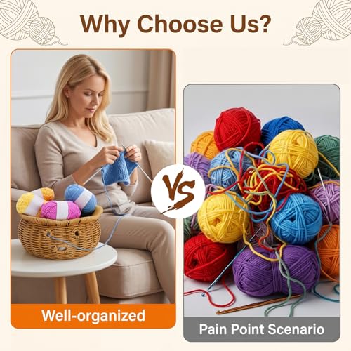 Prygew Rattan Yarn Bowl, 8 Yarn Balls Set Included | Handmade Large Crochet Bowl, Knitting Wool Ball Holder for Crochet Accessories, Gadgets Supplies, 9.4"D x 4.3"H