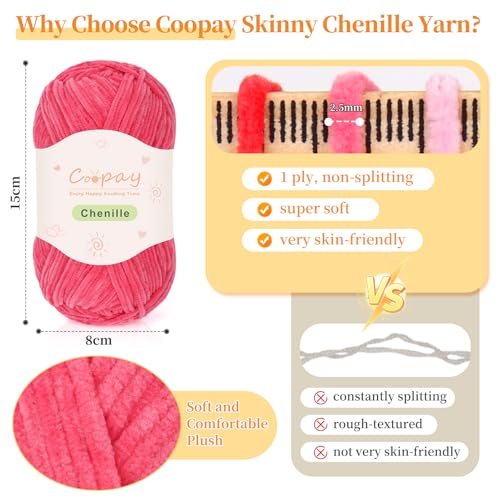 Coopay Skinny Chenille Yarn, Lightweight Soft Yarn for Crochet & Knitting | 12 Colors Crochet Yarn Set - 600g Total, Velvet Yarn for Colorful Crafts, Blankets, Plush Dolls, Decorative Handmade Works - color: 12 Color Tones, size: #2 Thin