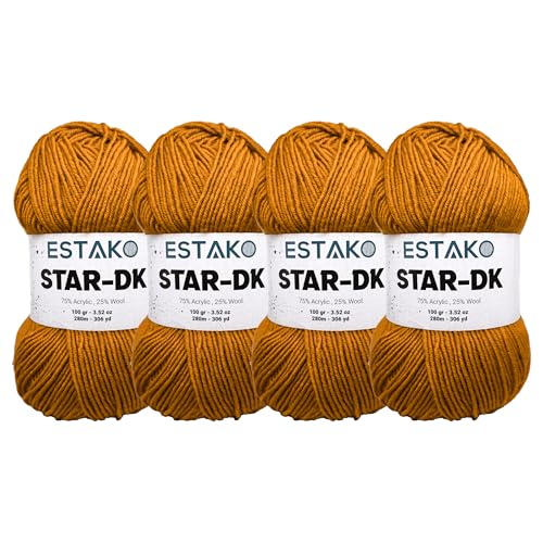 Estako Star-DK Soft Yarn for Crocheting, DK Weight 3, 4-Pack, Dark Yellow | 75% acrylic 25% wool, 4 skeins, 400 g, 1224 yds, amigurumi, granny squares, socks, beanies, mittens, plush toys - color: 32061 - Dark Yellow, size: Pack of Four