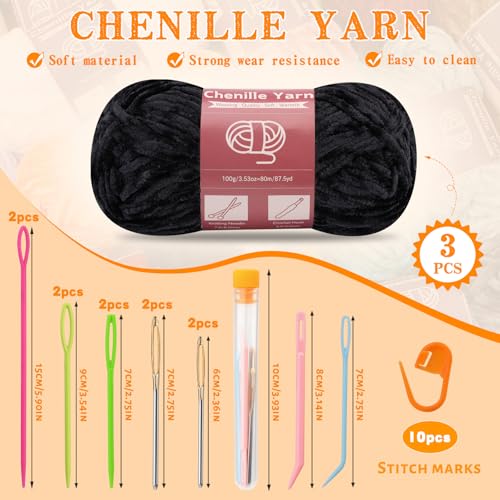 LUNARM Chenille Yarn 3 Pack 3.5oz Chunky Blanket Velvet Yarn 263 Yard | Black Chunky Chenille Yarn for Beginners Crocheting Hand Knitting Scarves with Big Eye Needles Machine Washable - color: Black