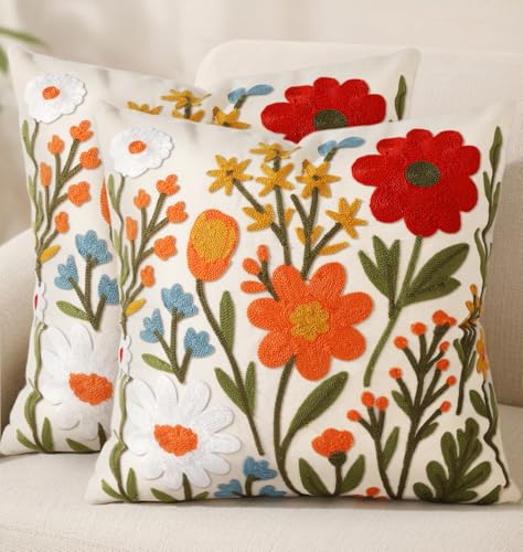 Embroidered Throw Pillow Covers 18x18 Inch, 2Pack, Flower Cluster | Decorative Pillow Covers Set of 2, Floral Cushion Cases with Hidden Zipper, Farmhouse Decor for Couch, Sofa, Living Room - color: Flower Cluster, size: 18" x 18" (Pack of 2)