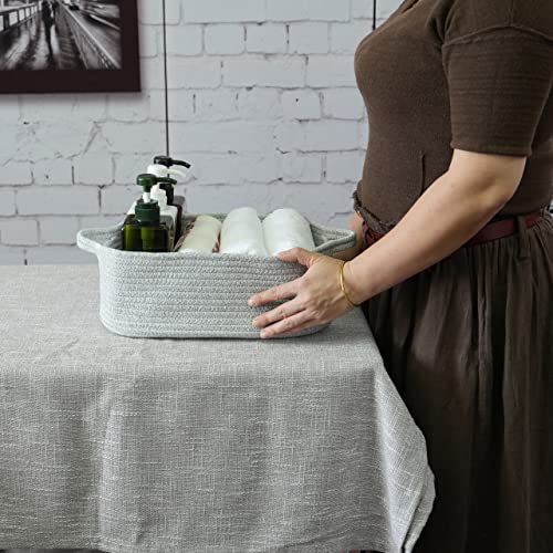 XUANGUO Medium Woven Cotton Rope Storage Basket with Handles, Light Grey | Small decorative rectangle storage bin for baby nursery items and cat toys; ideal as an empty gift basket or dog toy basket - color: light grey