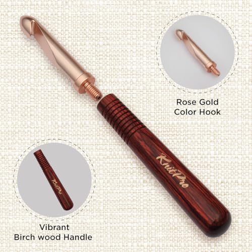 KnitPro Oasis Chunky Crochet Set - 1 Wooden Handle, 7 Hooks in Sizes 5.5mm to 10mm, 1 Rose Gold Scissors, 1 Tape Measure, 10 Metal Locking Stitch Markers, 1 Gripper - size: Chunky