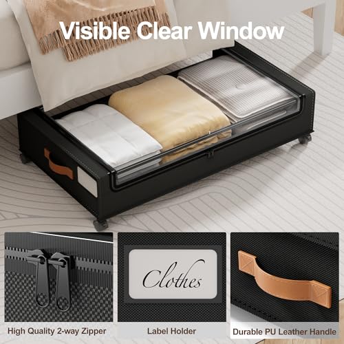 LAMU Under Bed Storage with Wheels, 2Pack Underbed Storage Containers,Black | Smooth-rolling Wheels, Clear Lid & Label, Sturdy Metal Frame, Easy Install, Rolling Storage Drawers for Clothes, Shoes, Toys - color: Black, size: 2 Pack