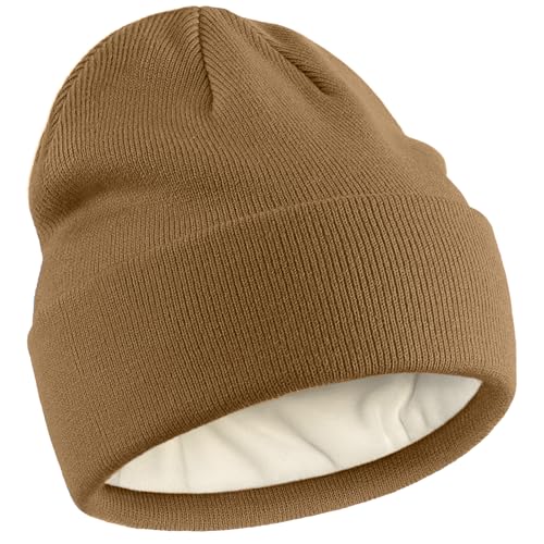 Fleece Lined Wool Beanie Hat Men Women, Warm Cuffed Winter Cap | 50% Wool Thermal Knit, Soft Velvet Fleece Liner, Long Style Full Ear Cover Warm Watch Cap, Tall Roomy Crown Skull Cap - color: Coffee