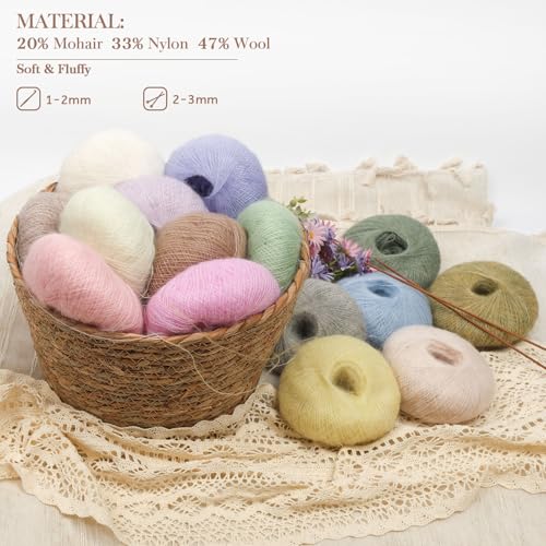 NICEEC 2 Skeins Soft Mohair Yarn- Blue | Fluffy & Fuzzy, Luxurious & Thin, Slik Wool Blend Yarn for Crochet & Knitting, Total 0.71oz*2, 328yds*2 - color: Blue