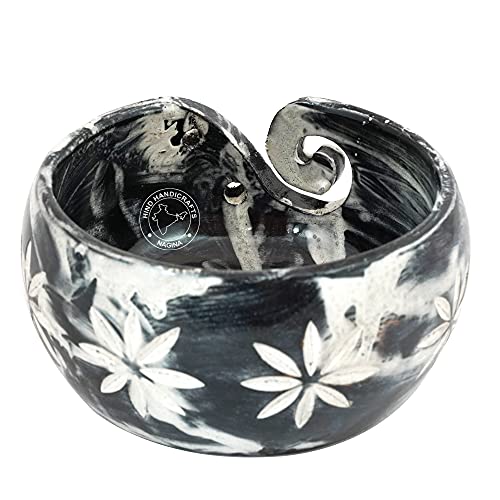 Premium Solid Dark HardWood Crafted Wooden Portable Antique Yarn Bowl Holder for Knitting Crochet - Christmas Gift Set | Hind Handicrafts (6" x 6" x 3", Blackwashed) - color: Blackwashed, size: 6" x 6" x 3"