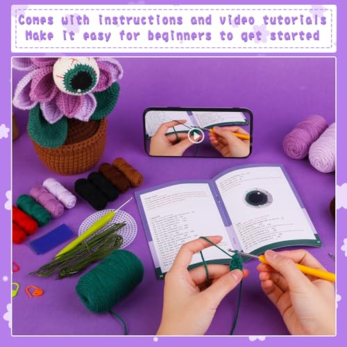 kgxulr Crochet Kit, Big-Eyed Beginner Crochet Kit for Adults, Knitting Kit | Crochet Kit for Beginners, Crochet Flower Kit, Beginner Crochet Kit for Adults with Step-by-Step Video Tutorials - color: Purple