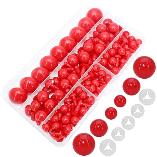 Thalinfayi 200pcs 10/15/24mm Safety Eyes and Washers for Amigurumi Crochet | Red Plastic Crochet Craft Eyes for Stuffed Plush Animals, Crafts, Crochet Doll DIY Making Supplies ; Neatly Sorted by Size - color: Red