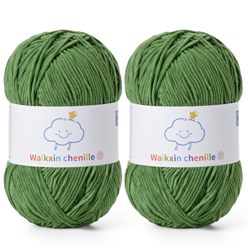 Fluffy Chenille Yarn for Crocheting，Baby Yarn for Crocheting Soft，2 Pack of 100g/3.5oz Velvet Amigurumi Yarn ，Fingering Weight Yarns for Crocheting Baby Blankets、DIY Craft.(2 Army Green) - color: [2 Army Green]