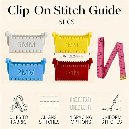 5Pcs Sewing Ruler,4 Clip and 1 Soft Measuring Tape, Sewing Clips for Quilting, Edge Stitching, Hand Sewing, Clip On Sewing Ruler for Accurate Fabric Measurement and Crafting