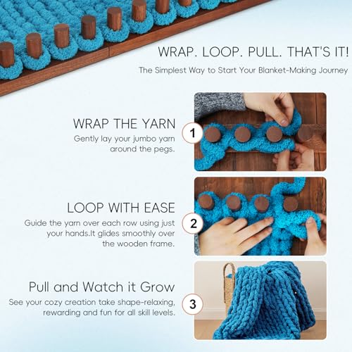 LITURTOO 63" Chunky Yarn Blanket Loom - Loom for DIY Throw Blankets, Adjustable Size Hand Knitting Yarn Chunky - size: 63" - Dark Wood Color
