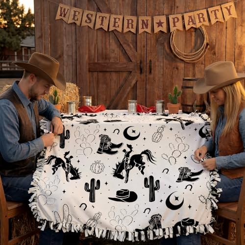 Chumia 2 Pcs/1 Set Western Theme Party Tie Blankets Craft Kit 57 x 57 Inch Midnight Rodeo DIY No Sew Fleece Blanket No Sew Fabric Cowboy Cowgirl Tie Knot Throw Craft Gift for Adult Western Party Favor - style: Western Cowboy