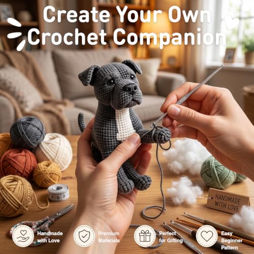 DIY Crochet Pitbull Dog Kit for Beginners – Amigurumi Staffordshire Bull Terrier Stuffed Animal Knitting Kit with Yarn, Hook & Instructions – Easy Beginner Crochet Animal Craft for Adults & Dog Lovers - color: Pitbull Dog