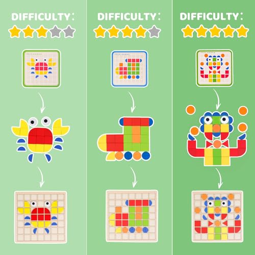 Wooden Pattern Blocks with Grid Board 142PCS Wood Mosaic Tiles Montessori Shape Puzzle Tangrams for Kids with Storage Bag Preschool Educational Toys for Boys Girls Ages 3+
