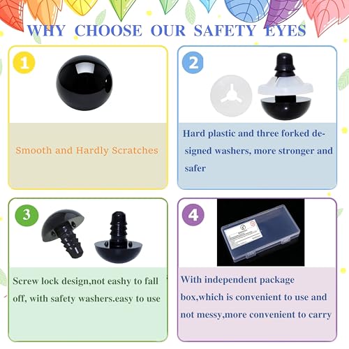Thalinfayi 10mm Solid-Black Safety Eyes Craft Eyes for Amigurumi Crocheting | 100pcs Plastic Crochet Eyes and Washers for DIY Stuffed Plush Animals & Handmade Crafts ,Gloosy Smooth Surface, Even Color - size: 10mm