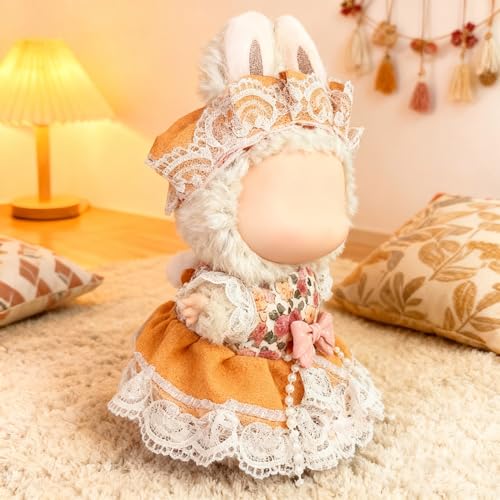 Doll Clothes for Labubu 15cm/17cm Dolls,Outfit for Labubu,Dress and Hairpin Set for Labubu Dolls Cute Stylish Dress Up Set(NO Doll) - color: Warm Tan Floral