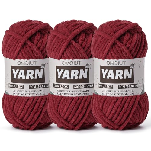 3 Pack Burgundy Fluffy Chunky Chenille Crochet Yarn, Baby Yarn for Crocheting Soft Blanket, Bulky Velvet Yarn (100g/54.8yds Each), Plush Amigurumi Yarn for Knitting Crafts, Scarves, Puzzle - color: 3 Burgundy