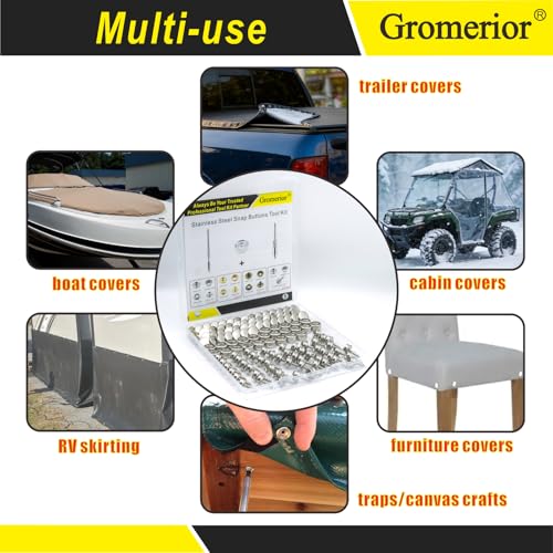 Gromerior Snap Button Kit with Screw Studs, 50 Sets Snaps & 3 Install Tools | 153 Pcs Marine Grade Snap Fastener Tool Kit, 15mm Stainless Steel Snaps for Boat Covers, Tarps, Fabric, DIY Repair & Projects