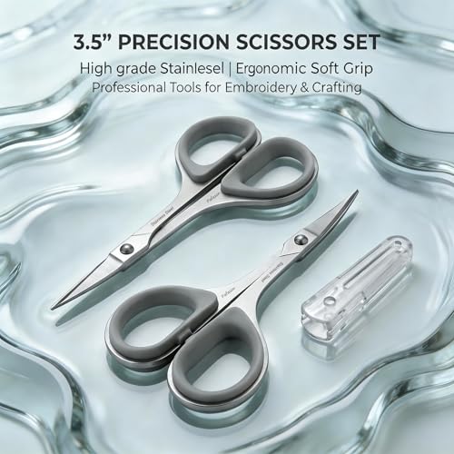 PAFASON Small Travel Sewing Embroidery Scissors Set Curve Straight Tip | Stainless Steel for Quilting Knitting Crafting Cross Stitch Crochet Thread Yarn Paper Detail Cutting Soft Rubber Handle - color: Grey