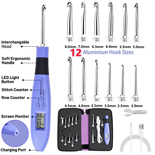 Light Up Crochet Hooks Set, 12 Sizes Counting Crochet Hook with Light | Portable Lighted Crochet Hook Set, All-in-One Crochet Hooks with Stitch & Row Counter, Crochet Gift for Family, Friends - size: 12 Size