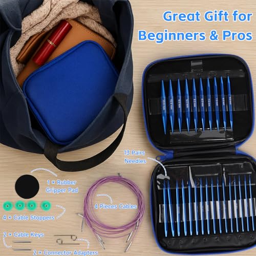 Interchangeable Circular Knitting Needles Set, 13 Pairs (26pcs) Aluminum Knitting Needles Kit, Sizes 3.0mm-10.0mm, Knitting Needle Case & Accessories, for Knitting Projects, Beginners & Advanced - color: Blue