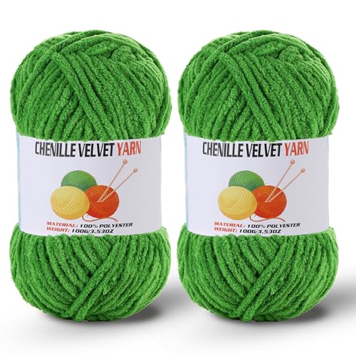 2 * 100g/3.5oz Fluffy Chenille Yarn for Crocheting, Chunky Velvet Yarn for Crochet Amigurumi, Used for Making Baby Yarns Blanket, Clothes, Pattern Knitting Creations (Green) - color: Green