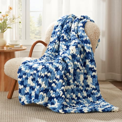 Chenille Chunky Knit Throw Blanket for Couch 50"x60", Space-Dyed Blue | Handmade Chenille Crochet Throw for Sofa Bed, Thick Cable Knitted Blankets for Room Home Decor, Birthday Gift for Women - color: Blue&white, size: 50"x60"