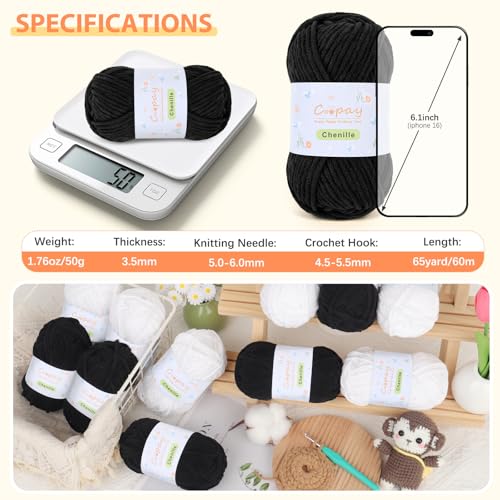 Coopay Chenille Yarn for Crochet, Medium Weight Yarn CYC #4, Black | Crochet Yarn Set - 400g Total, Soft Velvet Yarn for Colorful Crafts, Blankets, Plush Dolls, Decorative Handmade Works - color: Black, size: #4 Medium