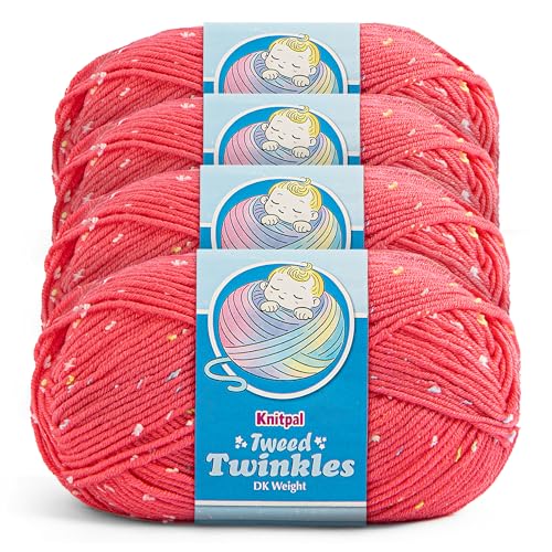 Tweed Twinkles Soft Baby Yarn DK Acrylic, 4-Pack (696Yds/400G), Coral Pink | Acrylic Baby Blanket Knitting Yarn with Free Patterns - Size 3 DK Light Worsted Weight Yarn for Crocheting with Flecks - color: Coral Pink, size: Pack of 4