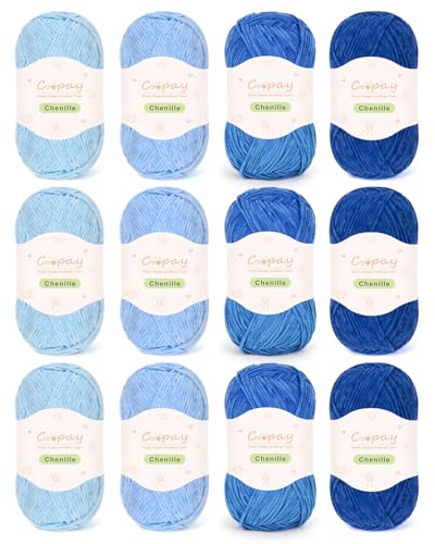 Coopay Skinny Chenille Yarn for Crocheting & Knitting, Blue Gradient | Crochet Yarn Set - 600g Total, Velvet Yarn for Colorful Crafts, Blankets, Plush Dolls, Decorative Handmade Works - color: Blue Tones, size: #2 Thin