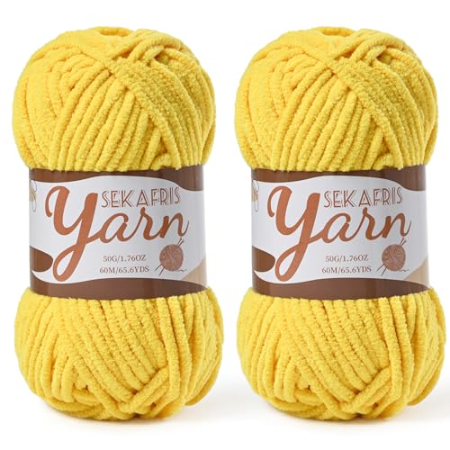 2 Pack Fluffy Velvet Yarn for Crocheting，Baby Blanket Yarn for Crocheting Soft，100g(131yds) Amigurumi Yarns，Plush Chenille Crochet Yarns，Puzzle Yarn for Crochet Weaving Craft(2 Golden Yellow) - color: 2 Golden Yellow