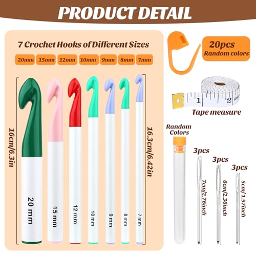 7 Sizes Large Crochet Hooks Set 7mm-20mm Huge Crochet Hooks for Chunky Yarn | Ergonomic Crochet Needles with Big-Eye Blunt Needles Crochet Accessions for DIY Craft Carpets - size: 37 Pcs