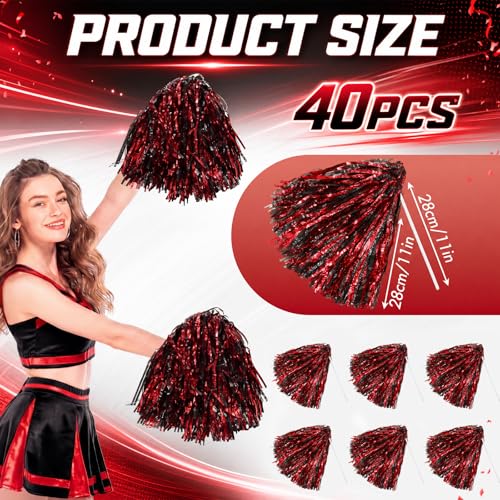 Vinsot 40 Pcs Cheerleading Pom Poms Bulk, Metallic Foil School Spirit Shakers Cheer Pom Poms with Plastic Long Handle for Soccer Basketball Sport Dance Team Squads Fan Celebration - color: Red Black Mix