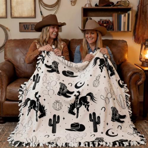 Chumia 2 Pcs/1 Set Western Theme Party Tie Blankets Craft Kit 57 x 57 Inch Midnight Rodeo DIY No Sew Fleece Blanket No Sew Fabric Cowboy Cowgirl Tie Knot Throw Craft Gift for Adult Western Party Favor - style: Western Cowboy