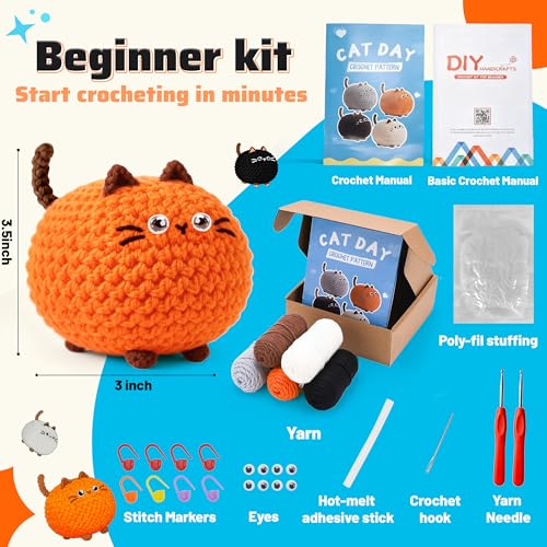 Joyclub Crochet Kit for Beginners 4 Cat Family with Video for Adults | Step-by-step video and 40% extra yarn support first projects for crochet starter; a amigurumi DIY gift for adult crafters - color: Crochet Cat
