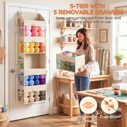 Ofiray-home Hanging Yarn Storage Organizer with 5 Drawers | Over Door Large Capacity Knitting Organizer Storage &10 Side Pockets, Hanging Yarn Holder for Knitting Needles, Crochet Hooks