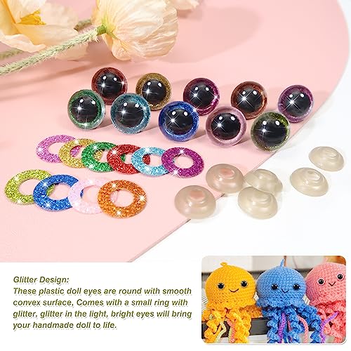 TOAOB 120pcs 16mm Glitter Safety Eyes Crafts Doll Eyes 10 Colors Round Craft Plastic Crocheting Eye with Washers for Stuffed Animals Amigurumis Dolls Making - size: 16mm