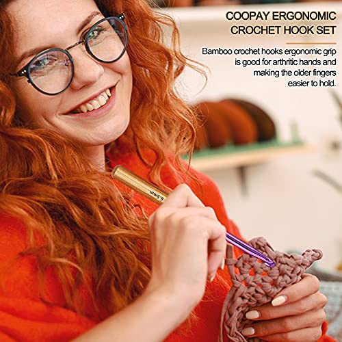 Coopay Bamboo Crochet Hooks Comfort Grip, Longer Aluminum Crochet Needles | 6.7" 9pcs 2.5mm-6.5mm Ergonomic Crochets Hook for Arthritic Hands & Beginnner Crocheting Blanket Shawls, Ideal Crochet Tool